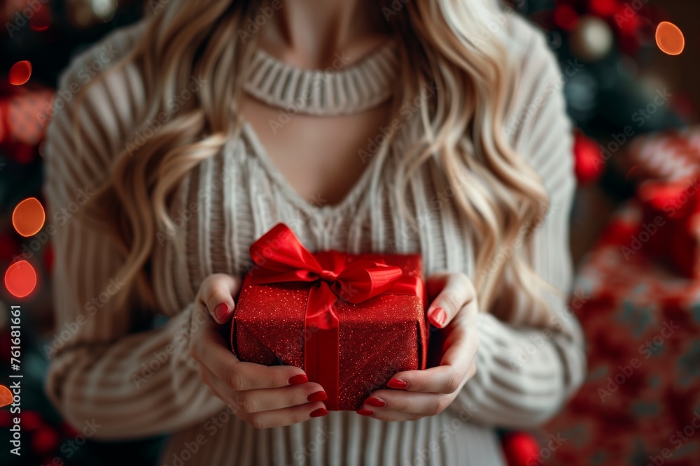 Young blonde woman holding box with present in her hands stands inside cozy house. Close up portrait of smiling girl in front of Christmas home interior.
Young blonde woman holding box with present in her hands stands inside cozy house. Close up portrait of smiling girl in front of Christmas home interior.