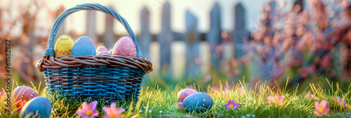 A beautiful wicker basket with Easter eggs stands on a colorful spring background with blooming trees and colorful flowers. Copy space, place for text, banner