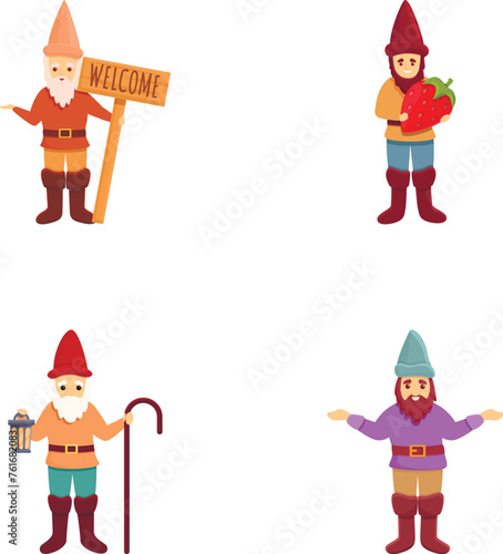 Garden gnome icons set cartoon vector. Funny garden decoration gnome. Fairytale character