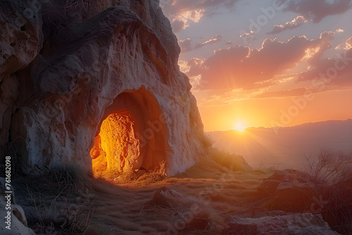 The image depicts the resurrection of Jesus at the empty tomb during sunrise, symbolizing hope and rebirth. It is often used to represent the Easter celebration and the religious significance.