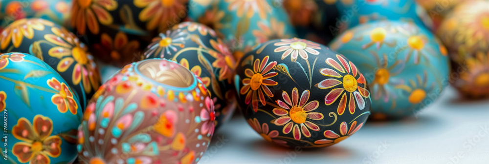 A side view of the unusual bright, multicolored and black-flowered Easter eggs. Creative painting with paints and a brush. The banner