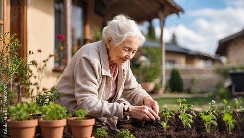An elderly woman plants seedlings of vegetables in the garden and harvests from the land in his garden. Eco-friendly vegetable garden, self-cultivation of vegetables. AI generated