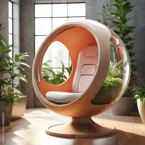 futuristic sci-fi sofa, Surreal, Product-View, editorial photography, transparent orb, product photography, natural lighting, plants, natural daytime lighting, zbrush, 8k, natural wooden environment