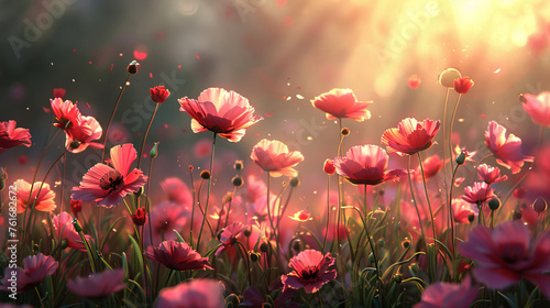 Vivid poppy flowers basking in the warm glow of a sunrise with sun flares.