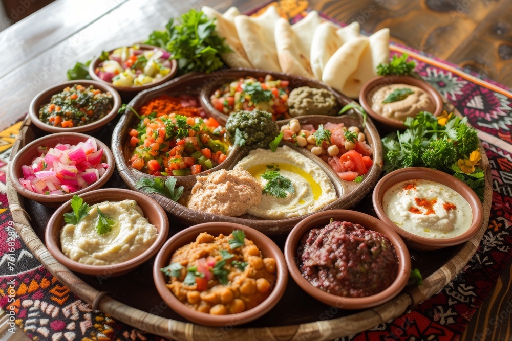 Platter Filled With a Variety of Foods, A beautifully arranged Arabian mezze platter with various dips and sides, AI Generated Platter Filled With a Variety of Foods, A beautifully arranged Arabian mezze platter with various dips and sides, AI Generated