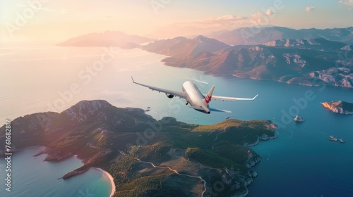 Aircraft is flying over islands and sea at sunrise in summer photo