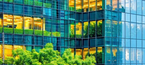 Modern eco friendly glass office building with trees in sustainable urban environment