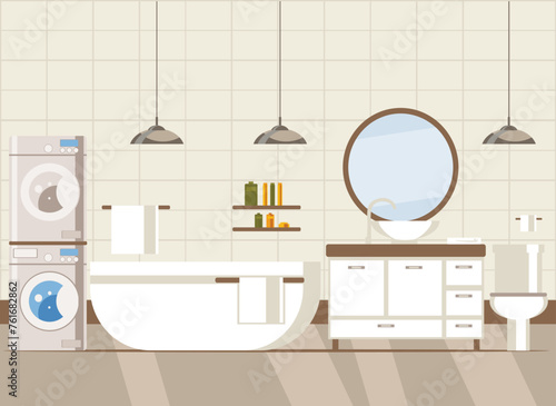 bathroom with equipment (bath, toilet, washbasin, mirror, shelves, towels, washing machine and dryer. flat vector illustration