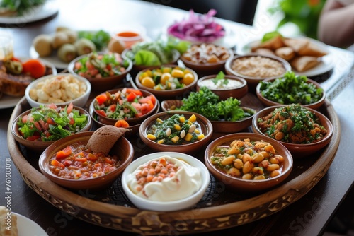 Assorted Food on Wooden Tray, A beautifully arranged Arabian mezze platter with various dips and sides, AI Generated