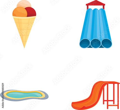 Aquapark rest icons set cartoon vector. Summer holiday in water park. Active leisure
