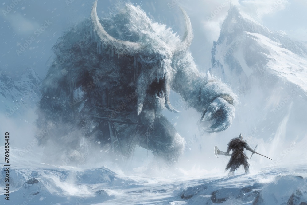 A man courageously stands before a massive monster, brandishing a sword, ready for an epic battle, A brave Viking hunting a terrifying Ice Giant in harsh winter conditions, AI Generated - obrazy, fototapety, plakaty 