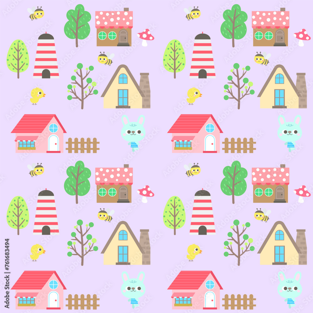 Hello spring easter in a village kids pattern cute rabbit chick bee hand drawn background vector illustration