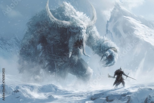 A man courageously stands before a massive monster, brandishing a sword, ready for an epic battle, A brave Viking hunting a terrifying Ice Giant in harsh winter conditions, AI Generated photo