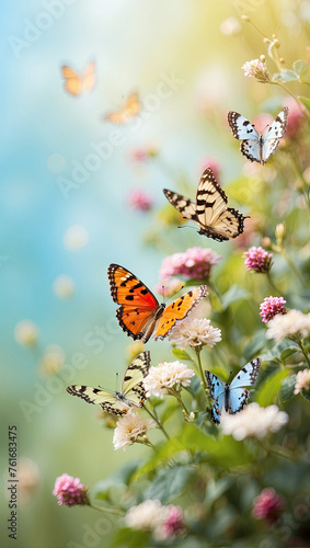 Saturated bright vibrant color butterflies on spring and summer wild flowers in a field with a space for text. Spring time, summer time.  © Ольга Симонова