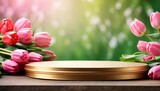Podium for demonstration, display and montage of product, cosmetic with bright tulips spring decor. Spring time background, blooming, birthday, March 8, Easter, women's day. Copy space. 