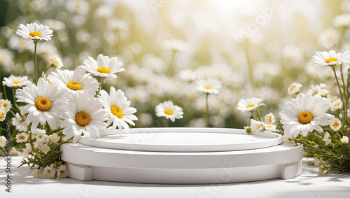 Blank Podium for demonstration and montage of product with daisies floral spring and summer decor. Summer background, blooming, birthday, March 8, Easter, women day, wedding. Copy space