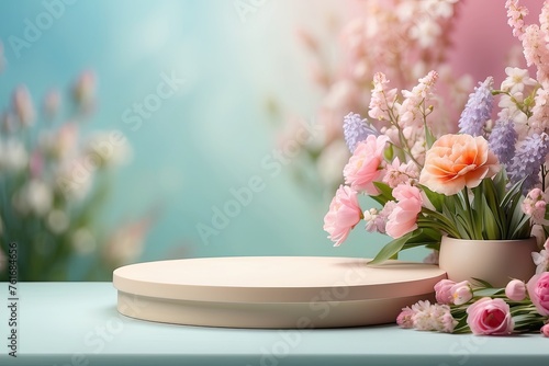Wallpaper Mural Podium for demonstration and montage of product with delicate floral spring decor. Spring time background, blooming, birthday, March 8, Easter, women's day, wedding. Copy space.  Torontodigital.ca