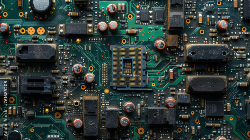 Fototapeta premium Detailed view of an intricate electronic circuit board with components and central processing unit socket.