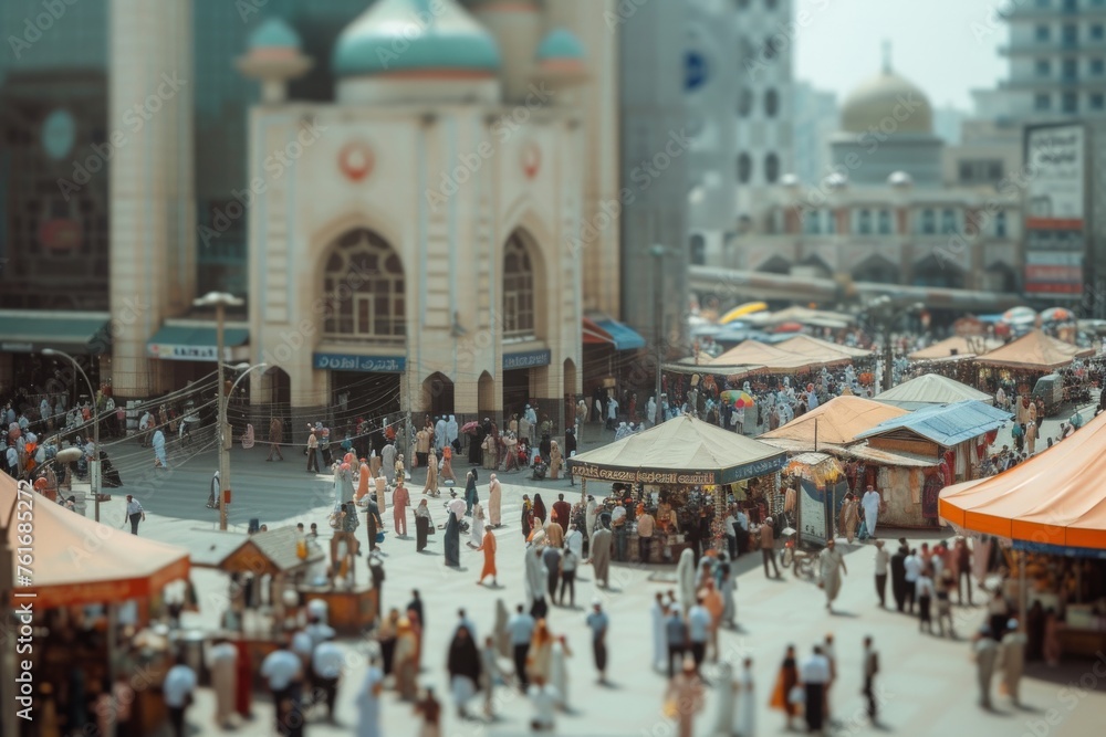 A large group of individuals standing and socializing beside tents set up in a bustling cityscape, A busy city square during Eid festivities, AI Generated
