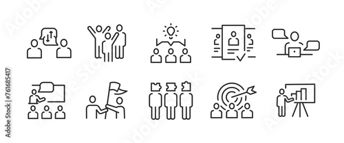 10 black outline icons show a group of people working together and interacting. The set of images suggests collaboration and cooperation between team members. On white background. Vector illustration 