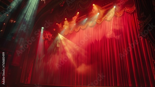 Spotlight Ready: Empty Stage with Red Velvet Curtain (Close-Up) photo