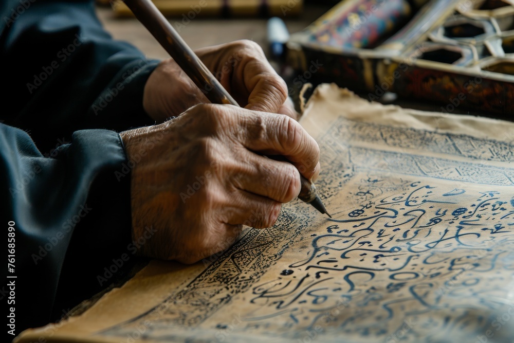 A person is seen in the photo, writing on a piece of paper with a pen, A calligrapher crafting intricate Arabic script, AI Generated - obrazy, fototapety, plakaty 