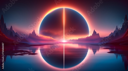 Futuristic landscape with a symmetrical eclipse over water  suitable for sci-fi and cosmic backgrounds.
