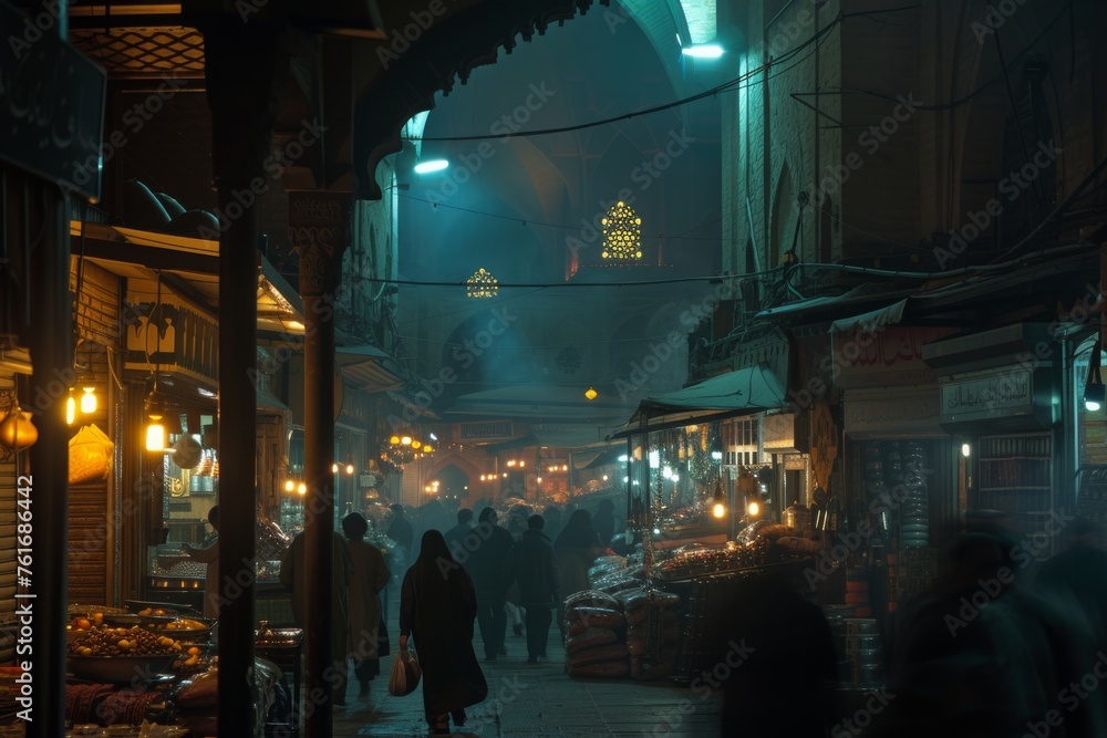 A diverse group of individuals casually walk in a group down a city street illuminated by streetlights at night, A captivating night scene of a bustling Islamic city, AI Generated