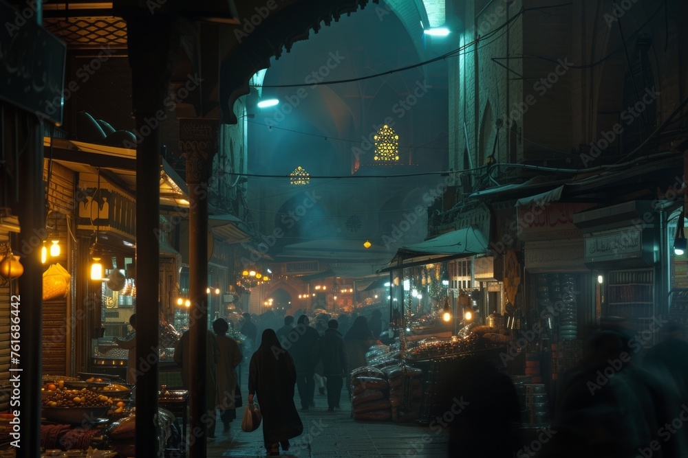 A diverse group of individuals casually walk in a group down a city street illuminated by streetlights at night, A captivating night scene of a bustling Islamic city, AI Generated A diverse group of individuals casually walk in a group down a city street illuminated by streetlights at night, A captivating night scene of a bustling Islamic city, AI Generated