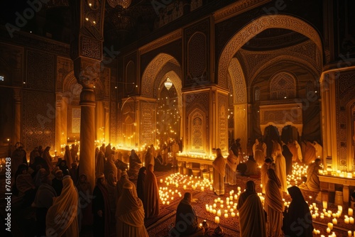 A diverse group of individuals gathered together in a room filled with candles, creating an intimate atmosphere, A candlelit night scene of worshippers in a mosque during Ramadan, AI Generated