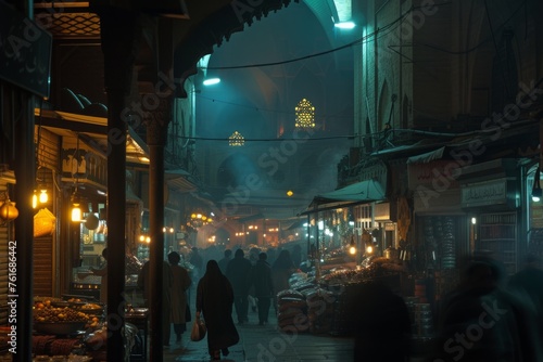 A diverse group of individuals casually walk in a group down a city street illuminated by streetlights at night  A captivating night scene of a bustling Islamic city  AI Generated