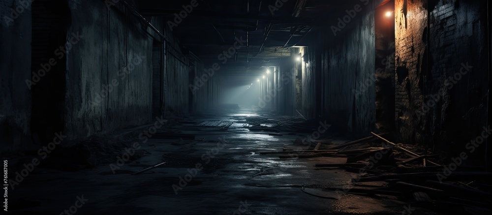 A mysterious dark tunnel surrounded by water, with a faint light at the end. The liquid landscape is filled with darkness, creating a haunting midnight atmosphere