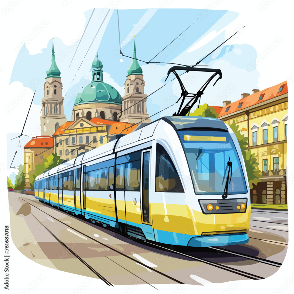 Tram traveling through a European citys historic dist