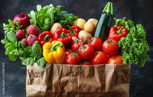 Illustration of healthy food in a paper bag  vegetables  and fruits. Shopping for vegetarians. Fresh and delicious.