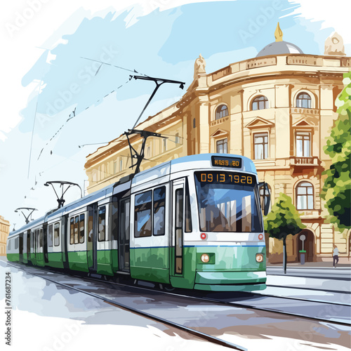 Tram traveling through a European citys historic dist