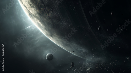 Dramatic space scene with planets and light beams among cosmic dust.