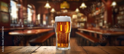 A pint glass filled with beer is placed on a wooden table in a pub, ready to be enjoyed as an alcoholic beverage
