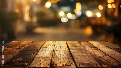 Bokeh evening outdoor background Wooden table transparent using for product presentation.