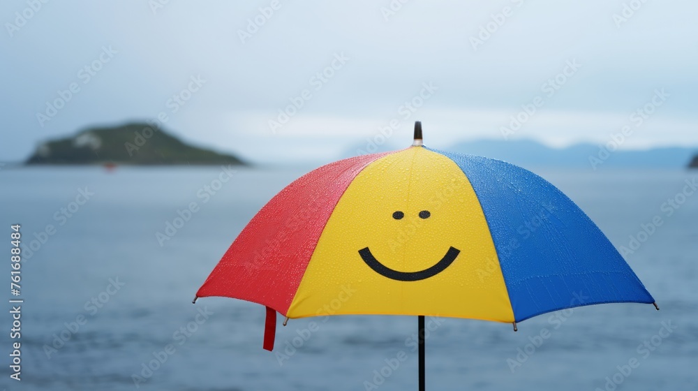Colorful umbrella with a smiley face against a seascape, symbolizing positivity in gloomy weather.