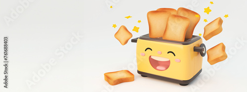 Happy toaster character with toast popping out, conveying joy in the kitchen.