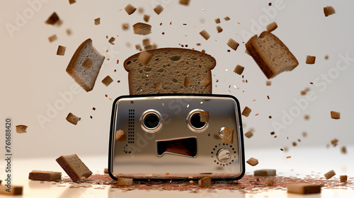 Startled toaster character ejecting bread into the air, a fun take on kitchen appliances.