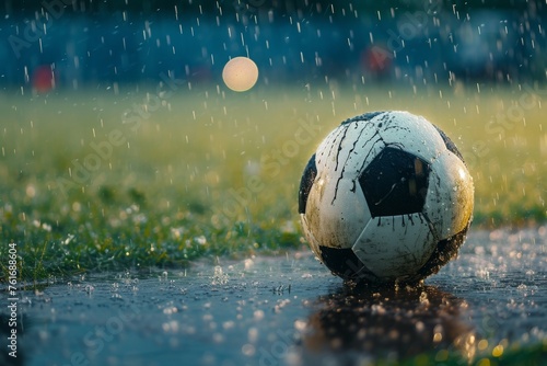 A soccer ball is seen atop a small pool of water, creating a unique contrast between the ball and the reflective liquid surface, A close-up of a soccer ball on a rain-soaked field, AI Generated