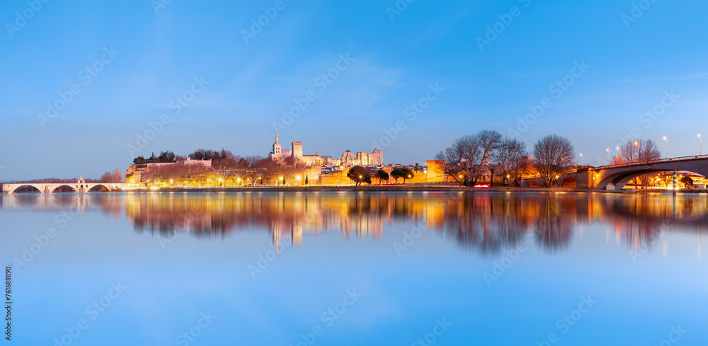 Pont Saint Benezet bridge on the Rhone River  and  Palace of the Popes ( Palais des Papes) and Avignon Cathedral - Avignon city, France 