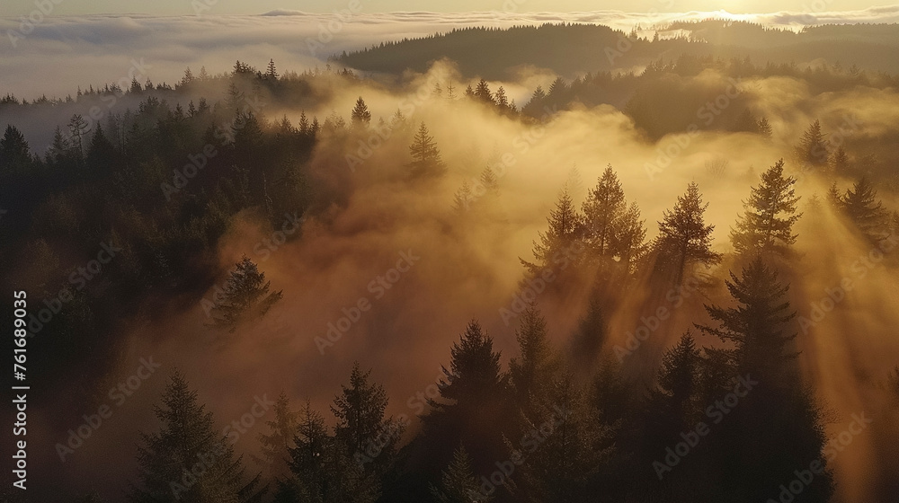 Aerial Drone Shot, Enchanting Pine Forest, the sunrise is chasing away the fog Aerial Drone Shot, Enchanting Pine Forest, the sunrise is chasing away the fog