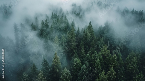Drone Photography, Lush Green Pine Forest Shrouded in Mist © @foxfotoco