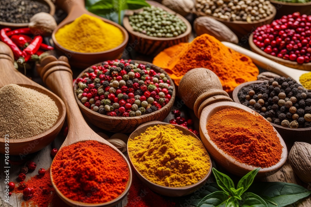A table showcasing a collection of various spices, carefully arranged in wooden spoons, A colorful display of various Indian spices on a wooden table, AI Generated A table showcasing a collection of various spices, carefully arranged in wooden spoons, A colorful display of various Indian spices on a wooden table, AI Generated