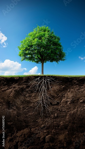 Majestic tree with roots on green backdrop, providing ample space for text placement