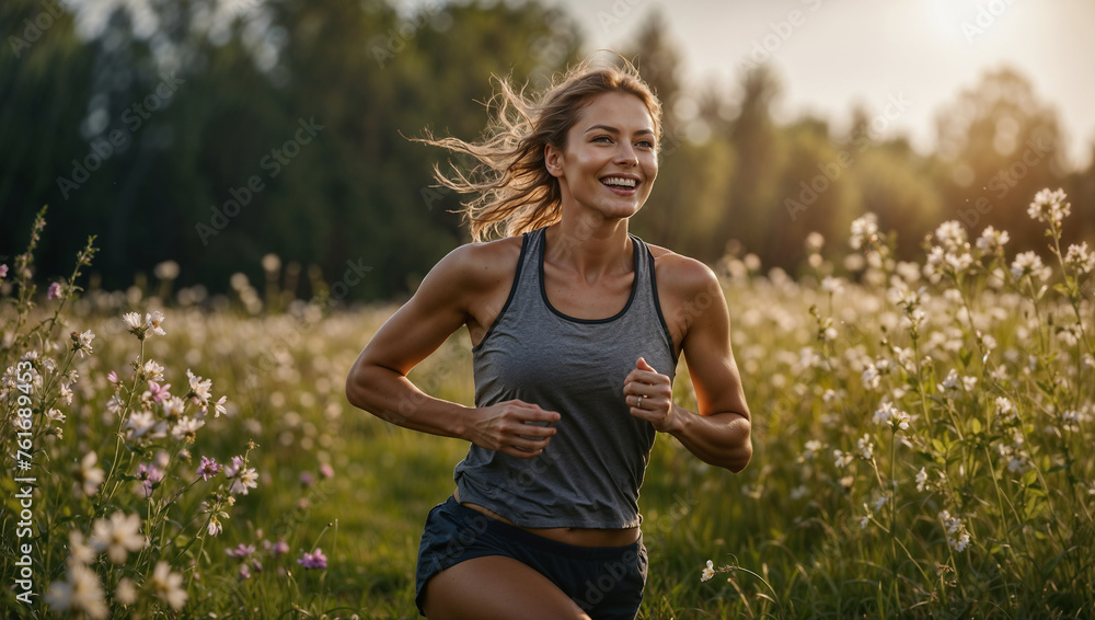 Donna sorride mentre fa sport, corre in mezzo alla natura in vestiti da corsa - obrazy, fototapety, plakaty 