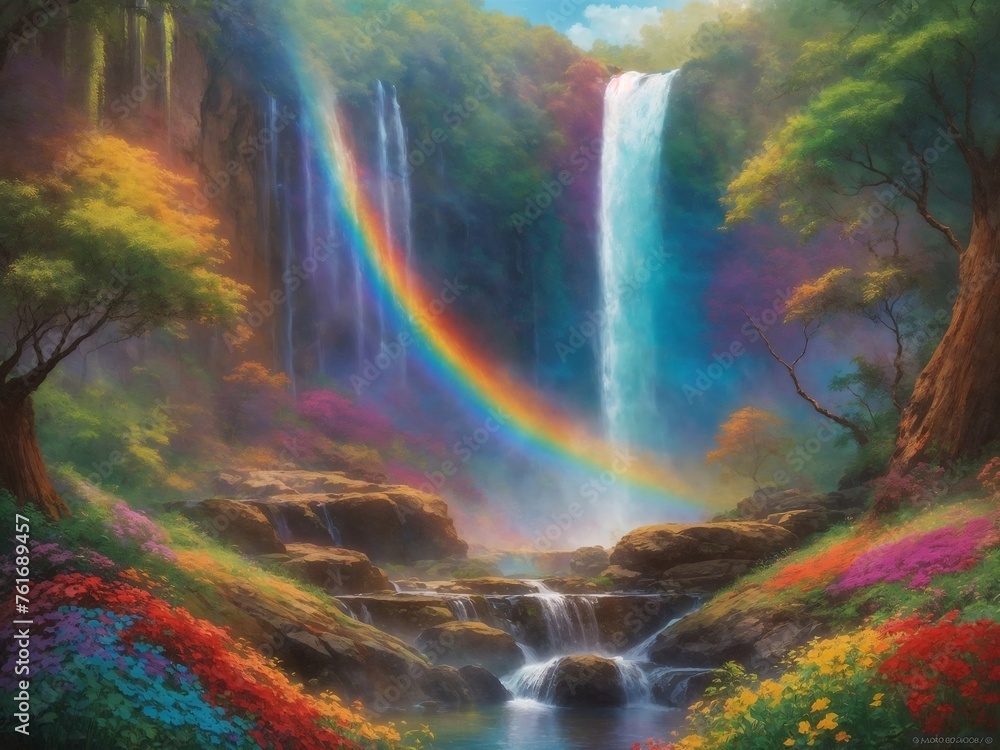 Ethereal Harmony: AI-Crafted Art of Rainbow Over Waterfall Amid Lush Foliage