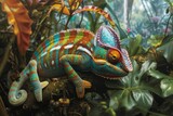 A vibrant chameleon sits atop the dense foliage of a lush green forest, A colorful scene of a chameleon hunting insects in the rainforest, AI Generated